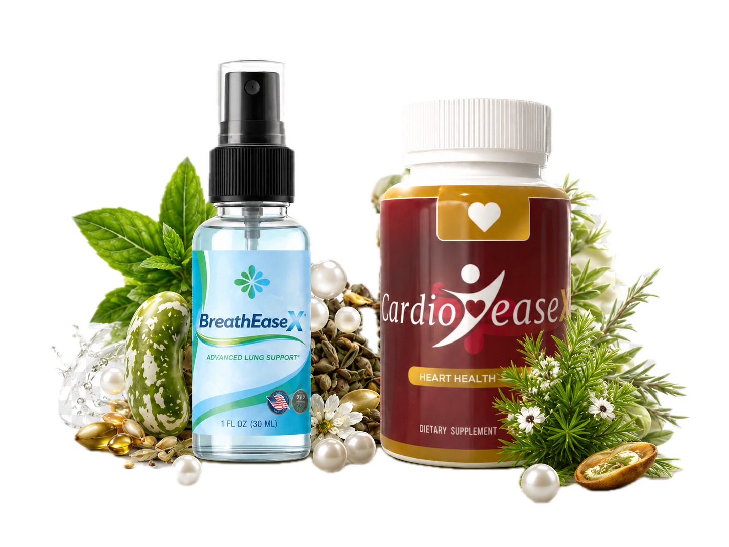 BreathEaseX lung support spray and CardioEaseX supplement bottles