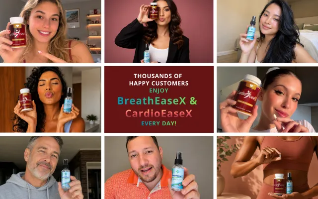 BreathEaseX oral lung support spray shown with CardioEaseX capsules